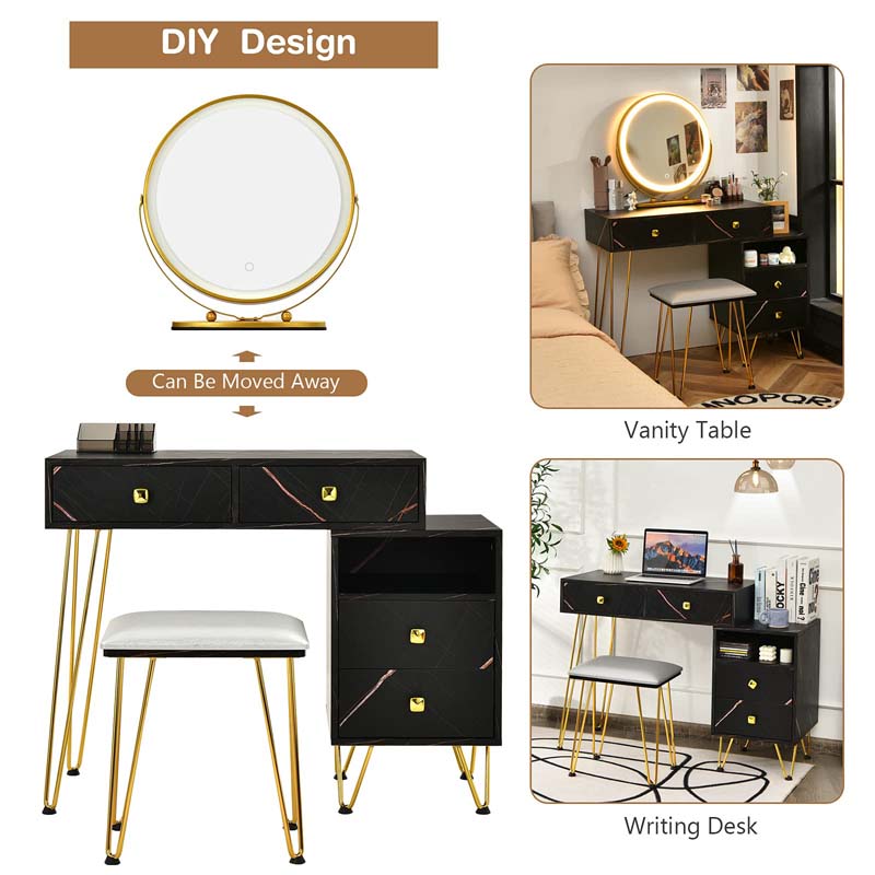 Wooden Makeup Dressing Table Bedroom Vanity Set with 3 Colors Lighted Mirror & Stool, Left or Right Side Cabinet