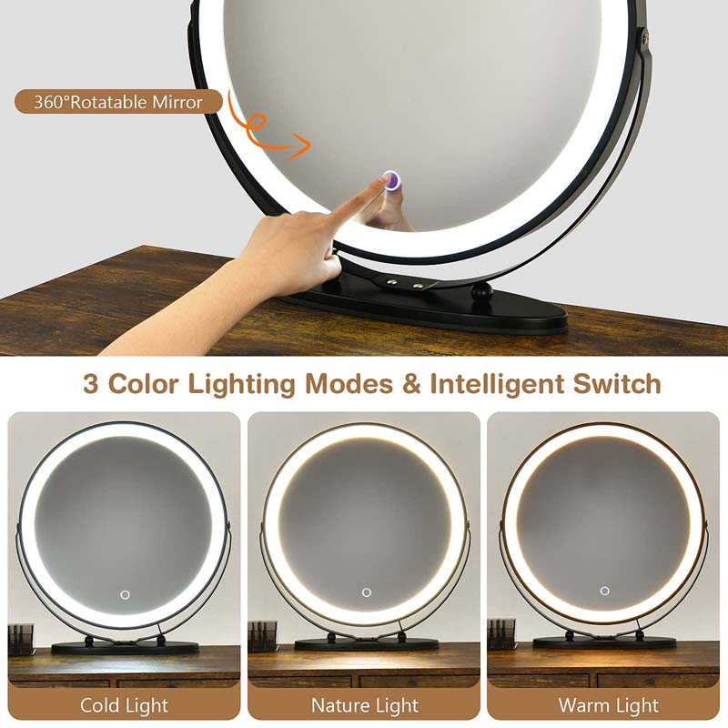 Wooden Makeup Dressing Table Bedroom Vanity Set with 3 Colors Lighted Mirror & Stool, Left or Right Side Cabinet