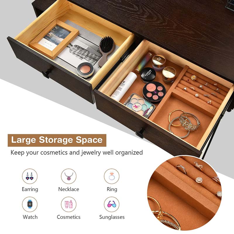 Wooden Makeup Dressing Table Bedroom Vanity Set with 3 Colors Lighted Mirror & Stool, Left or Right Side Cabinet