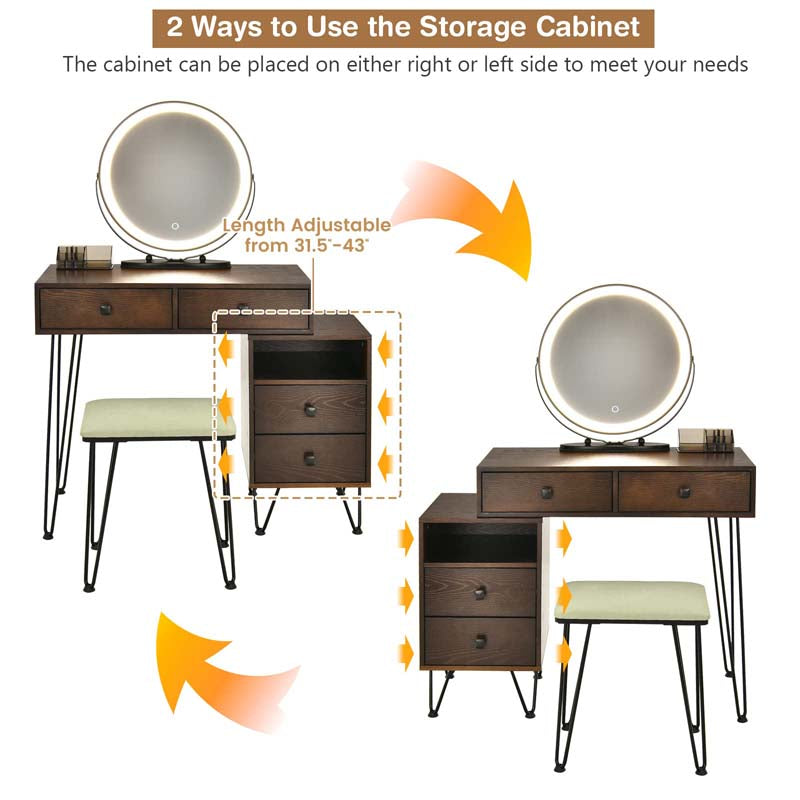 Wooden Makeup Dressing Table Bedroom Vanity Set with 3 Colors Lighted Mirror & Stool, Left or Right Side Cabinet