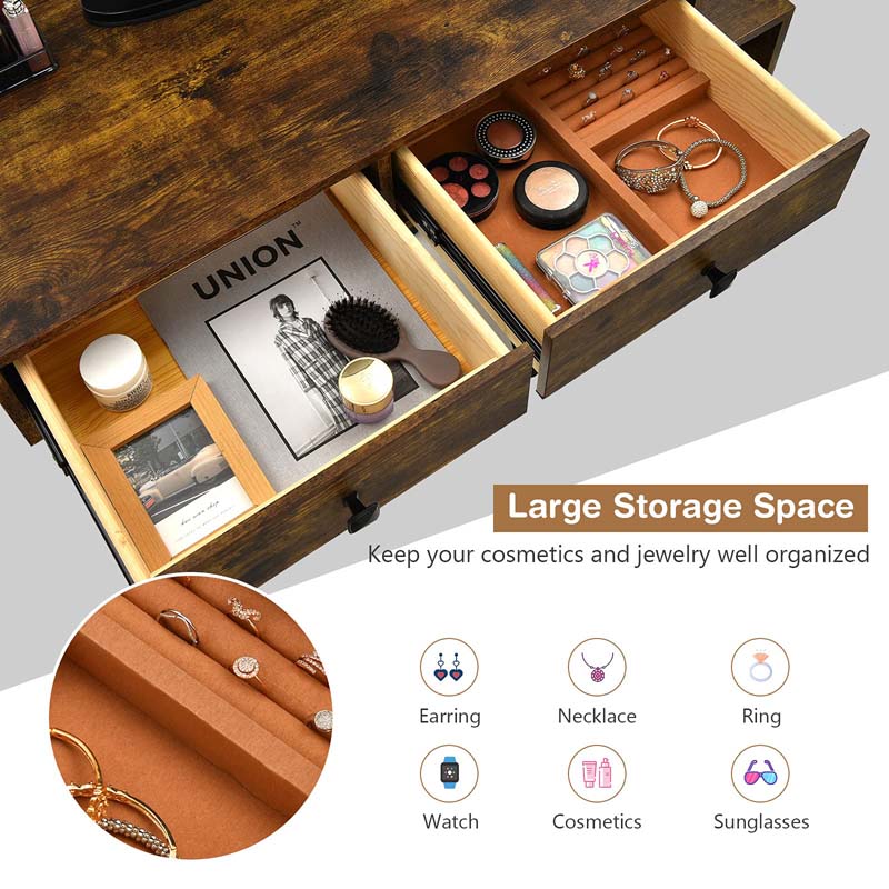 Wooden Makeup Dressing Table Bedroom Vanity Set with 3 Colors Lighted Mirror & Stool, Left or Right Side Cabinet