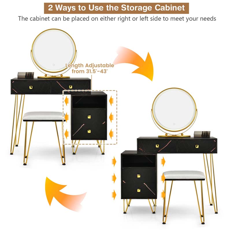 Wooden Makeup Dressing Table Bedroom Vanity Set with 3 Colors Lighted Mirror & Stool, Left or Right Side Cabinet