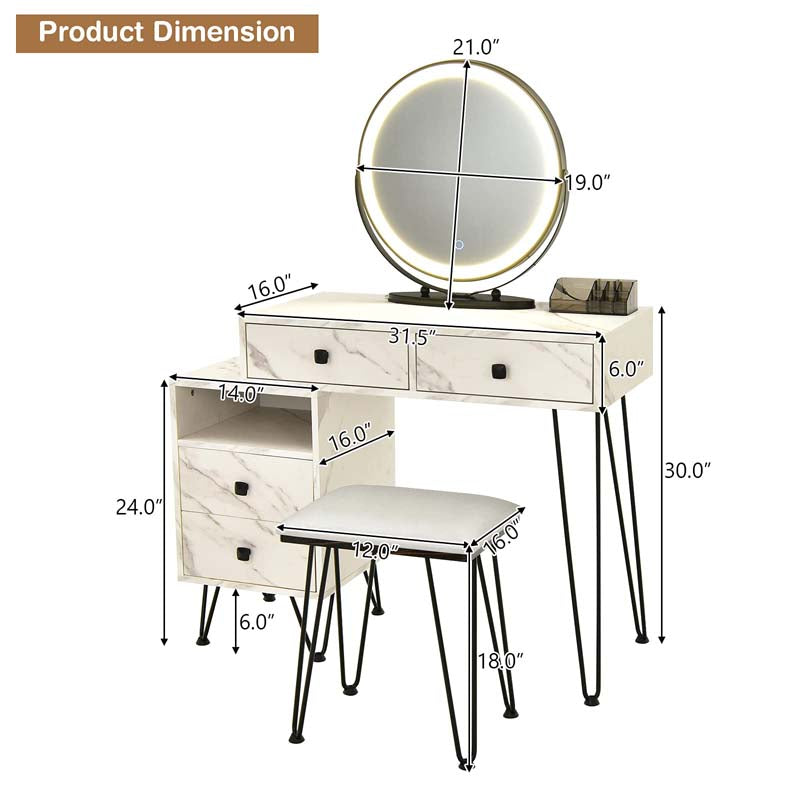 Wooden Makeup Dressing Table Bedroom Vanity Set with 3 Colors Lighted Mirror & Stool, Left or Right Side Cabinet