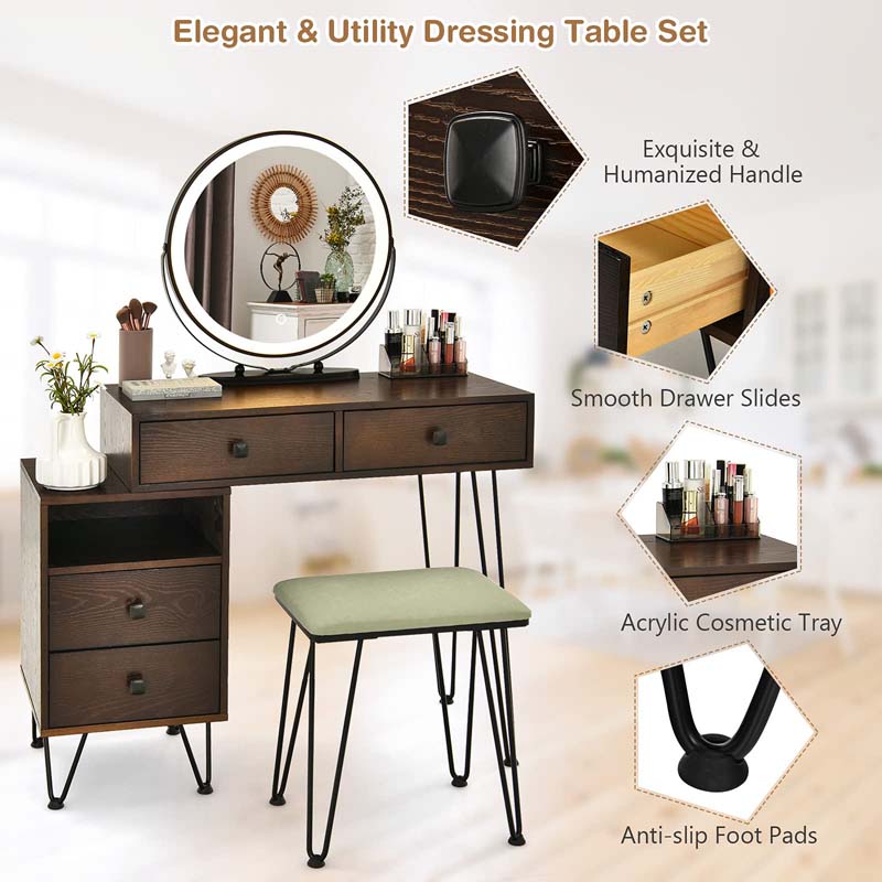 Wooden Makeup Dressing Table Bedroom Vanity Set with 3 Colors Lighted Mirror & Stool, Left or Right Side Cabinet