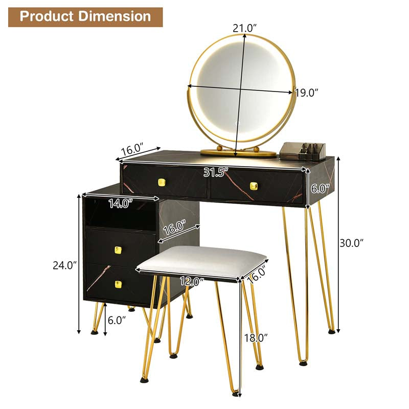 Wooden Makeup Dressing Table Bedroom Vanity Set with 3 Colors Lighted Mirror & Stool, Left or Right Side Cabinet