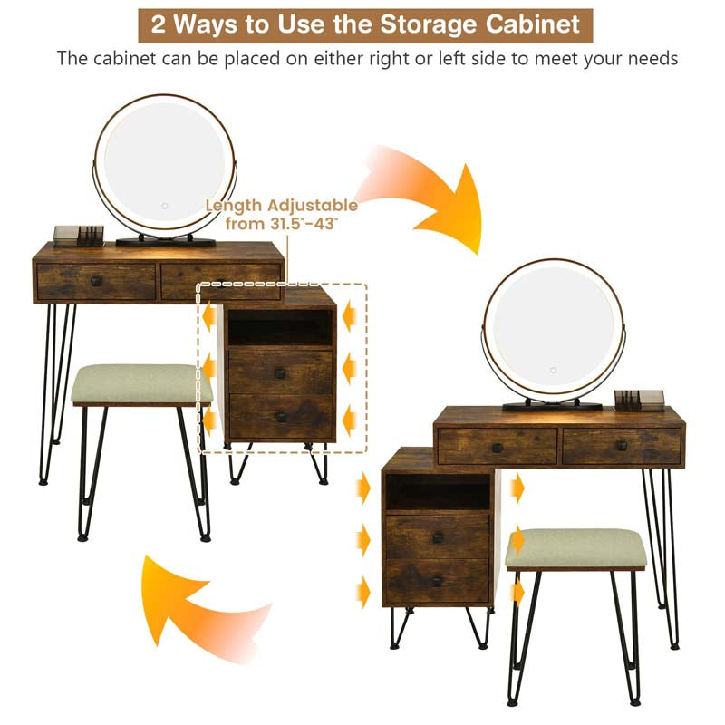 Wooden Makeup Dressing Table Bedroom Vanity Set with 3 Colors Lighted Mirror & Stool, Left or Right Side Cabinet