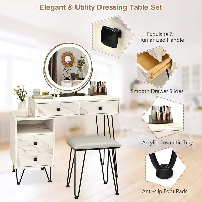 Wooden Makeup Dressing Table Bedroom Vanity Set with 3 Colors Lighted Mirror & Stool, Left or Right Side Cabinet