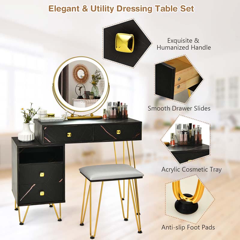 Wooden Makeup Dressing Table Bedroom Vanity Set with 3 Colors Lighted Mirror & Stool, Left or Right Side Cabinet