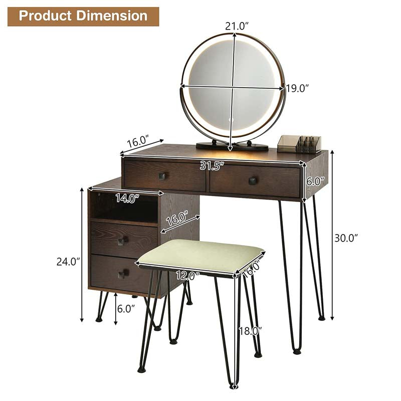 Wooden Makeup Dressing Table Bedroom Vanity Set with 3 Colors Lighted Mirror & Stool, Left or Right Side Cabinet
