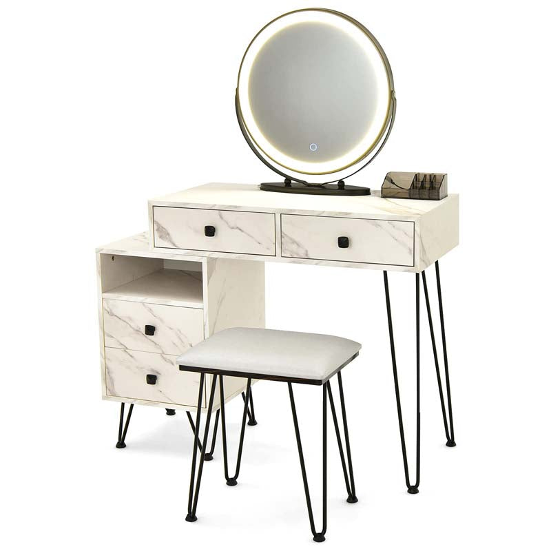 Wooden Makeup Dressing Table Bedroom Vanity Set with 3 Colors Lighted Mirror & Stool, Left or Right Side Cabinet