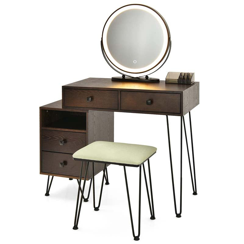 Wooden Makeup Dressing Table Bedroom Vanity Set with 3 Colors Lighted Mirror & Stool, Left or Right Side Cabinet