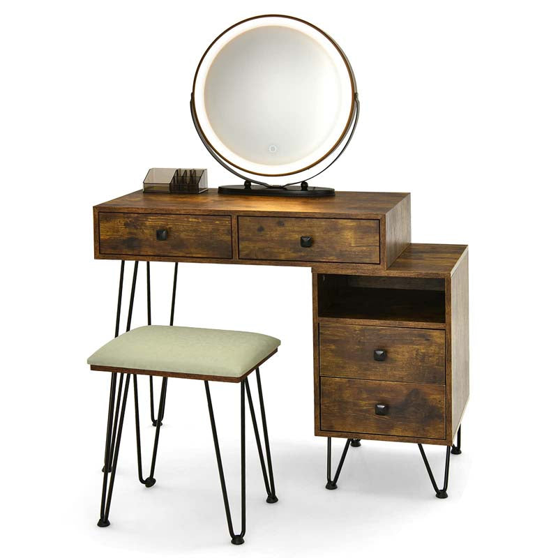Wooden Makeup Dressing Table Bedroom Vanity Set with 3 Colors Lighted Mirror & Stool, Left or Right Side Cabinet