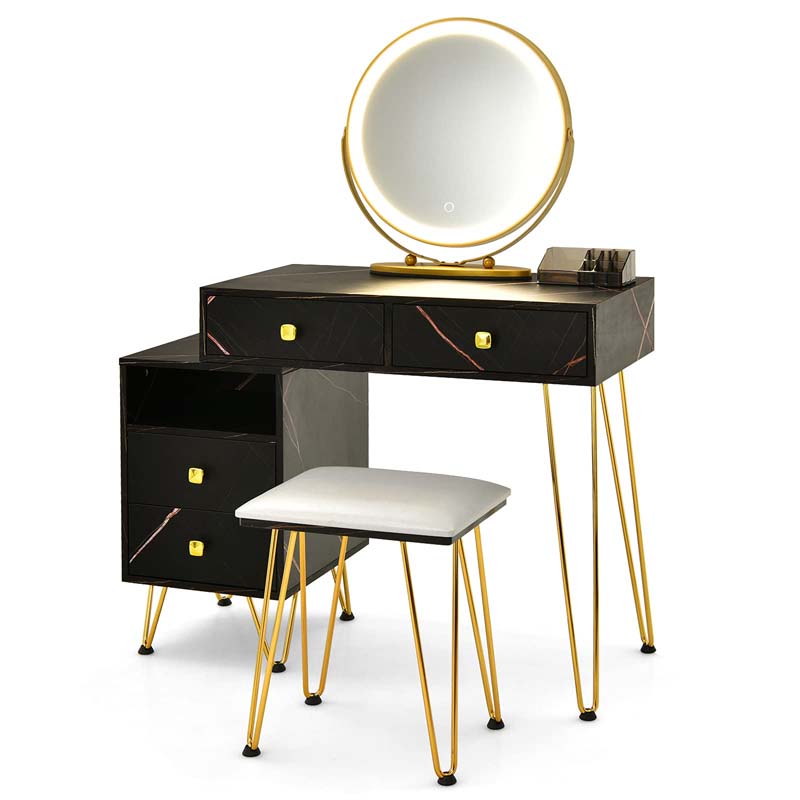 Wooden Makeup Dressing Table Bedroom Vanity Set with 3 Colors Lighted Mirror & Stool, Left or Right Side Cabinet
