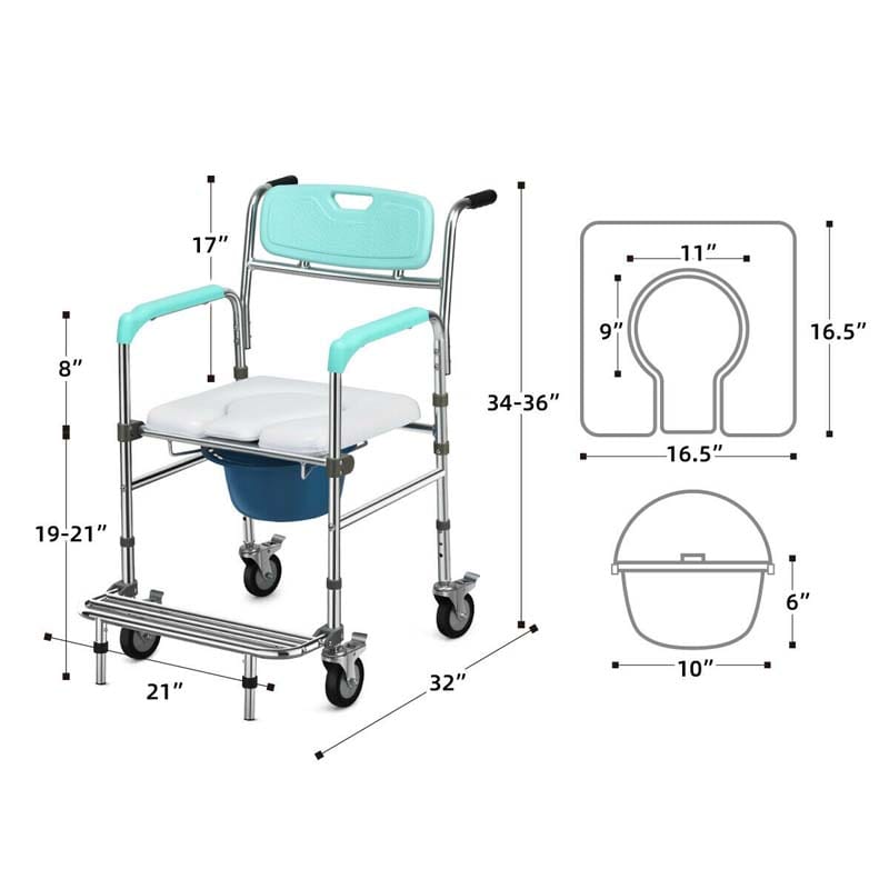 4 in 1 Bedside Commode Chair Transport Shower Wheelchair Toilet Chair with Folding Pedal