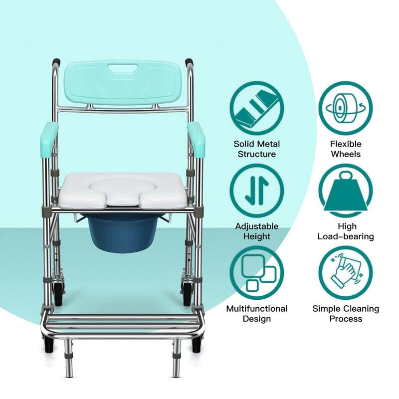 4 in 1 Bedside Commode Chair Transport Shower Wheelchair Toilet Chair with Folding Pedal