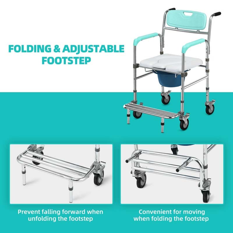 4 in 1 Bedside Commode Chair Transport Shower Wheelchair Toilet Chair with Folding Pedal