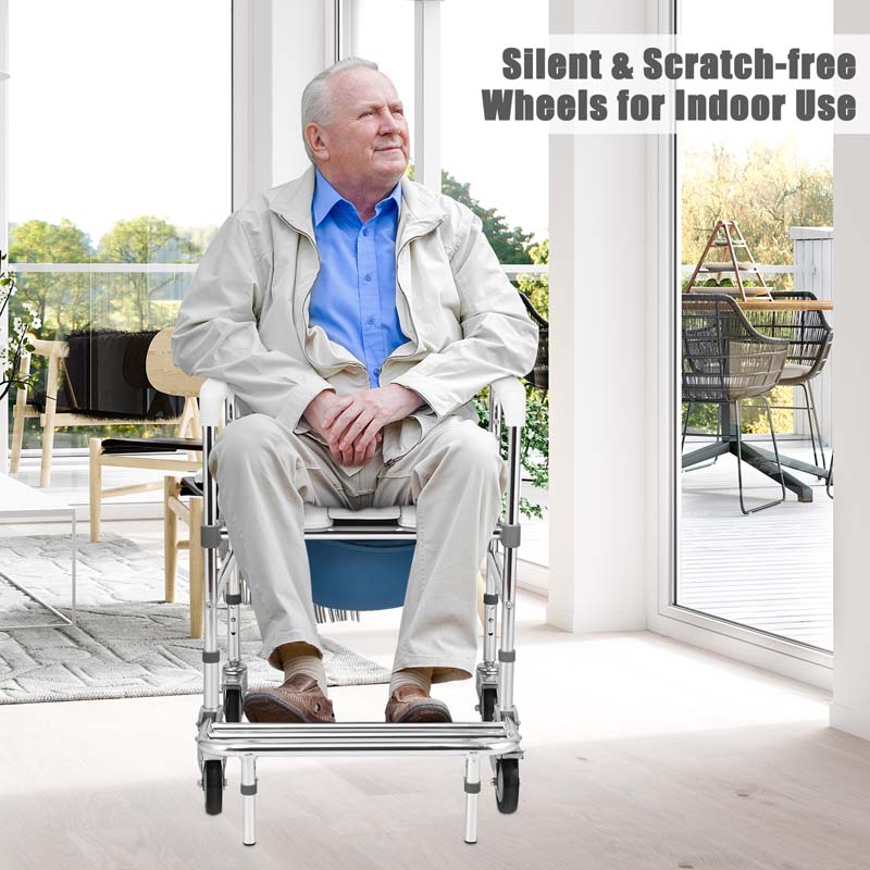 4 in 1 Bedside Commode Chair Transport Shower Wheelchair Toilet Chair with Folding Pedal