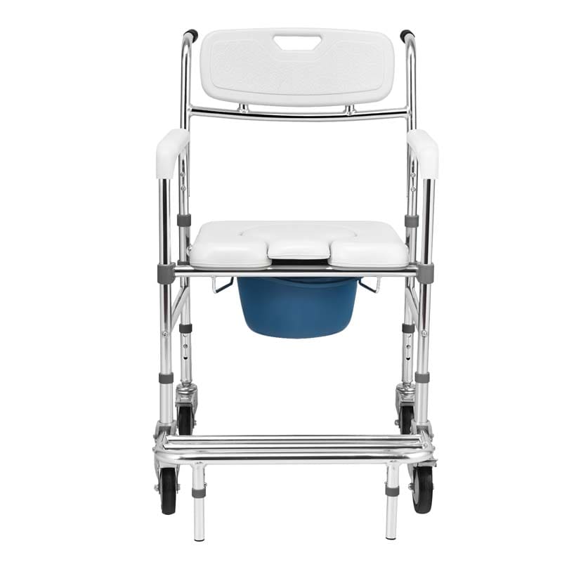4 in 1 Bedside Commode Chair Transport Shower Wheelchair Toilet Chair with Folding Pedal