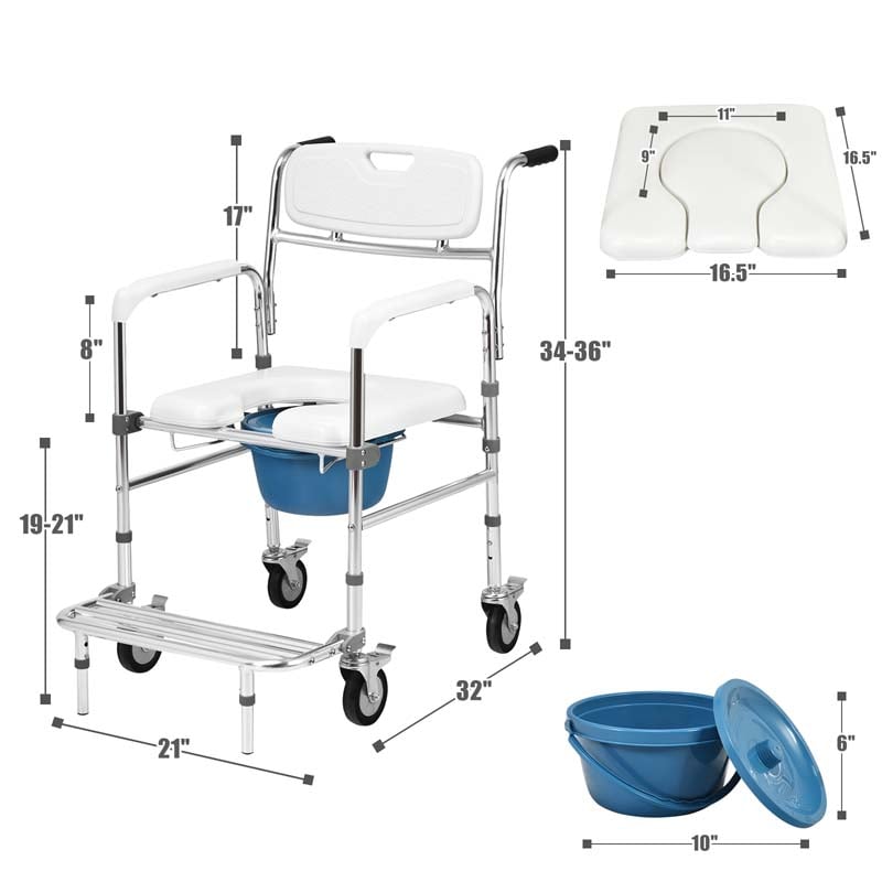 4 in 1 Bedside Commode Chair Transport Shower Wheelchair Toilet Chair with Folding Pedal