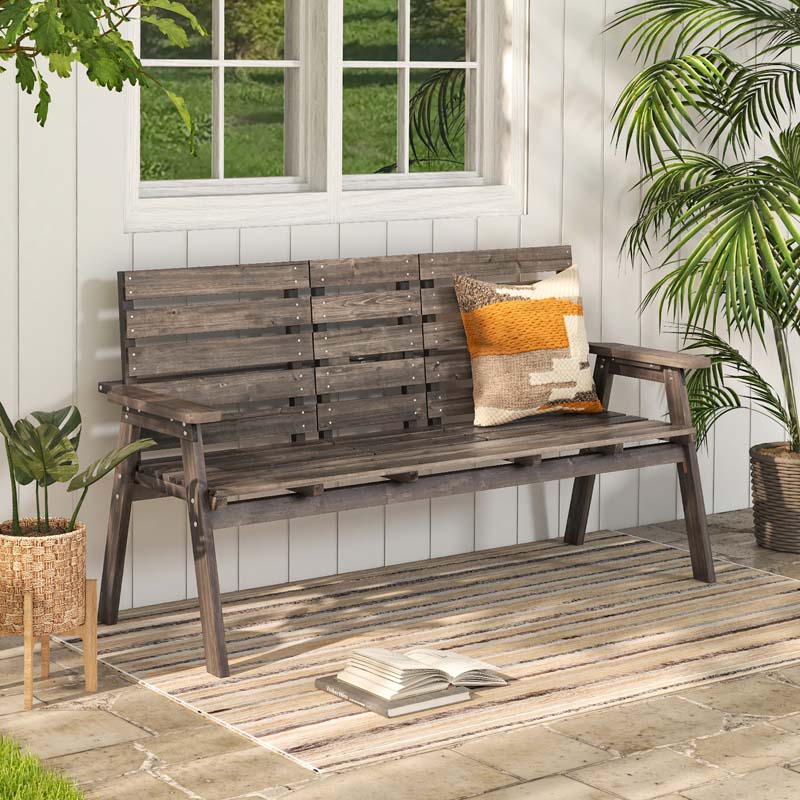 2-3 Person Outdoor Fir Wood Porch Bench Garden Slatted Seat Bench w/Foldable Middle Table, Backrest and Armrests