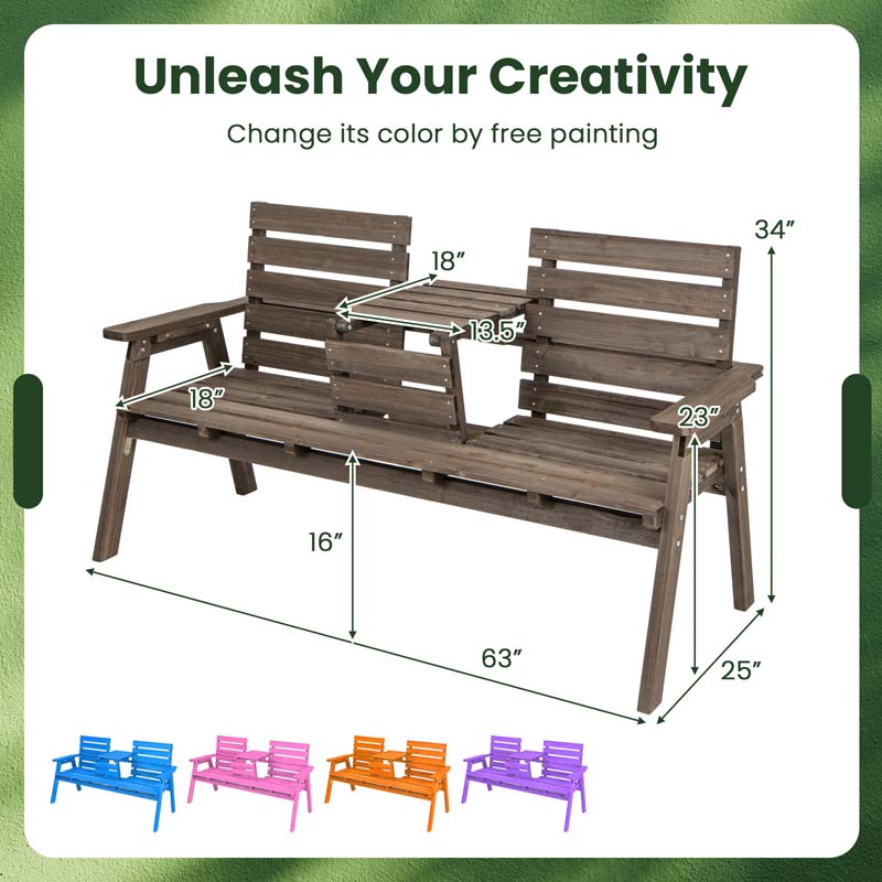 2-3 Person Outdoor Fir Wood Porch Bench Garden Slatted Seat Bench w/Foldable Middle Table, Backrest and Armrests