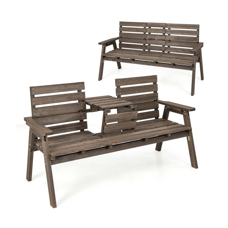2-3 Person Outdoor Fir Wood Porch Bench Garden Slatted Seat Bench w/Foldable Middle Table, Backrest and Armrests