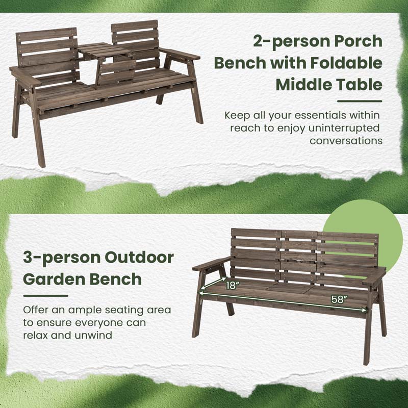 2-3 Person Outdoor Fir Wood Porch Bench Garden Slatted Seat Bench w/Foldable Middle Table, Backrest and Armrests