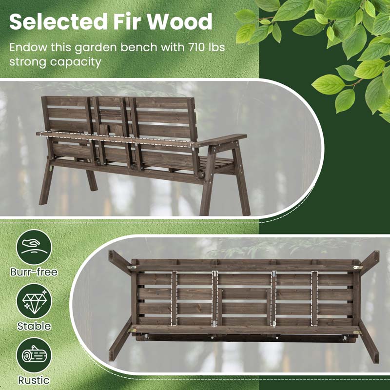 2-3 Person Outdoor Fir Wood Porch Bench Garden Slatted Seat Bench w/Foldable Middle Table, Backrest and Armrests