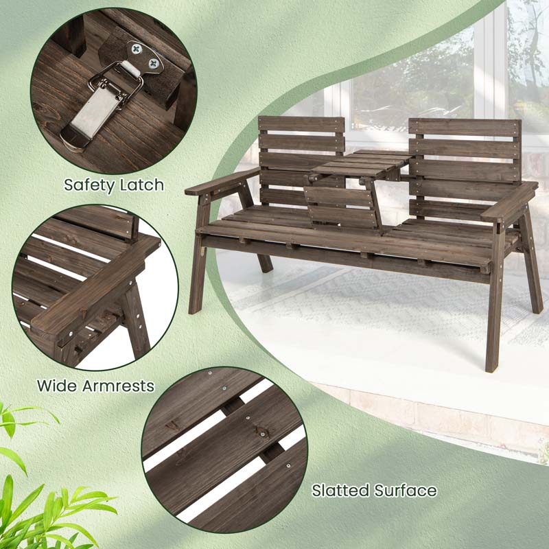 2-3 Person Outdoor Fir Wood Porch Bench Garden Slatted Seat Bench w/Foldable Middle Table, Backrest and Armrests