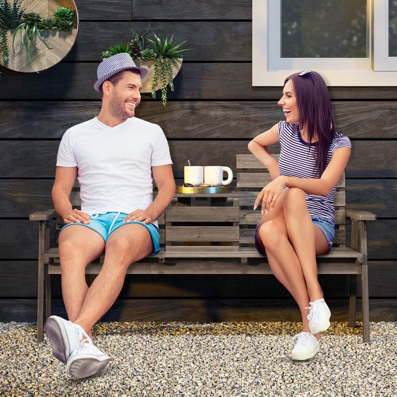 2-3 Person Outdoor Fir Wood Porch Bench Garden Slatted Seat Bench w/Foldable Middle Table, Backrest and Armrests