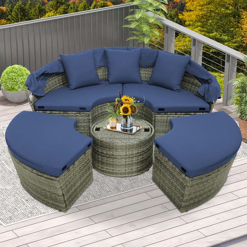 Outdoor Wicker Round Daybed with Retractable Canopy, Patio Sectional Seating Furniture with Cushions & Adjustable Side Table
