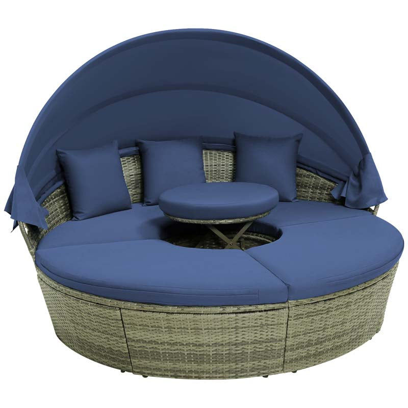Outdoor Wicker Round Daybed with Retractable Canopy, Patio Sectional Seating Furniture with Cushions & Adjustable Side Table