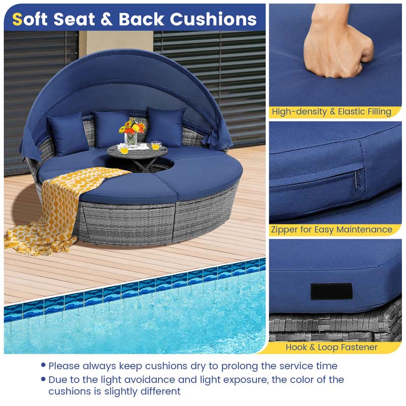 Outdoor Wicker Round Daybed with Retractable Canopy, Patio Sectional Seating Furniture with Cushions & Adjustable Side Table