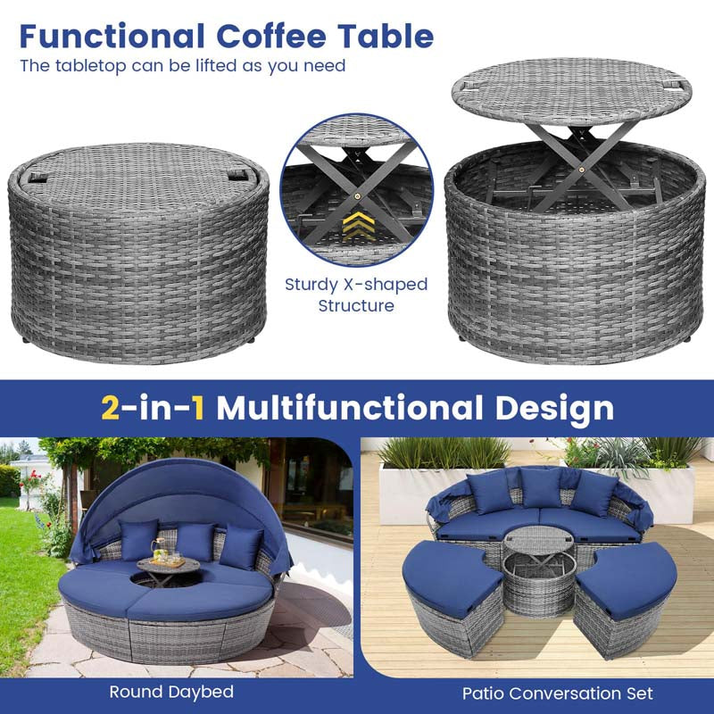 Outdoor Wicker Round Daybed with Retractable Canopy, Patio Sectional Seating Furniture with Cushions & Adjustable Side Table