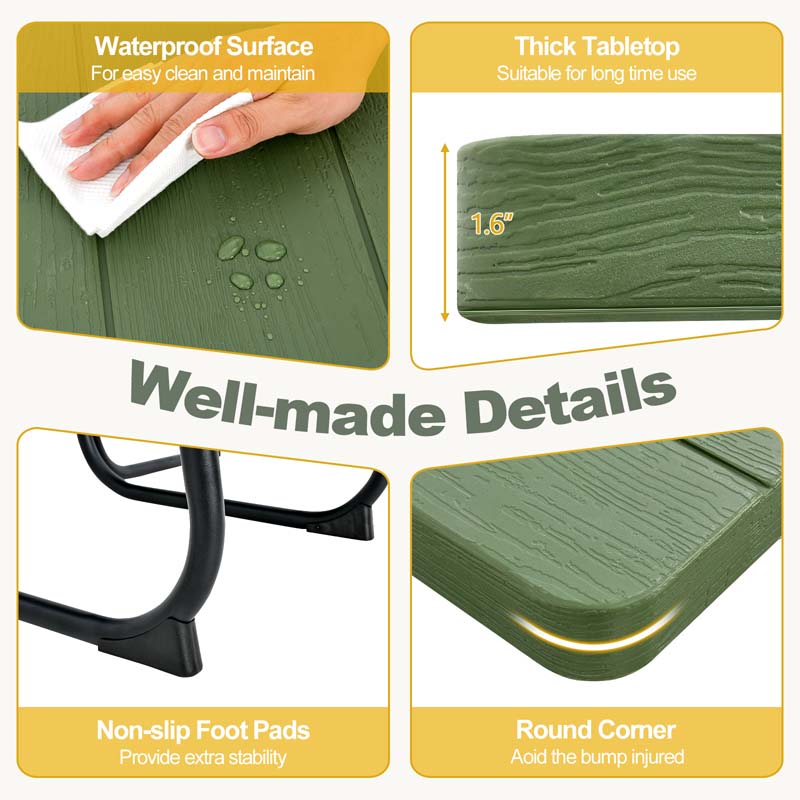 8 Person HDPE Outside Table & Bench Set, Outdoor Square Picnic Table with 4 Built-in Benches, Umbrella Hole, Metal Frame
