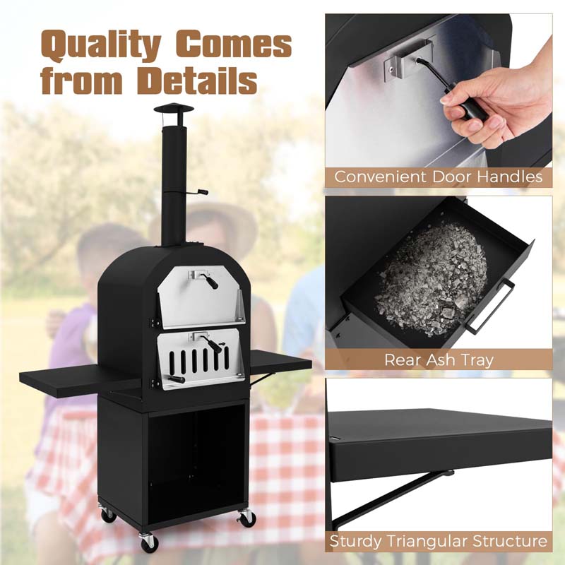 Portable Pizza Maker on Wheels for Outside Charcoal Grill, Outdoor Wood Fired Pizza Oven Stove w/2 Side Tables, 12" Pizza Stone