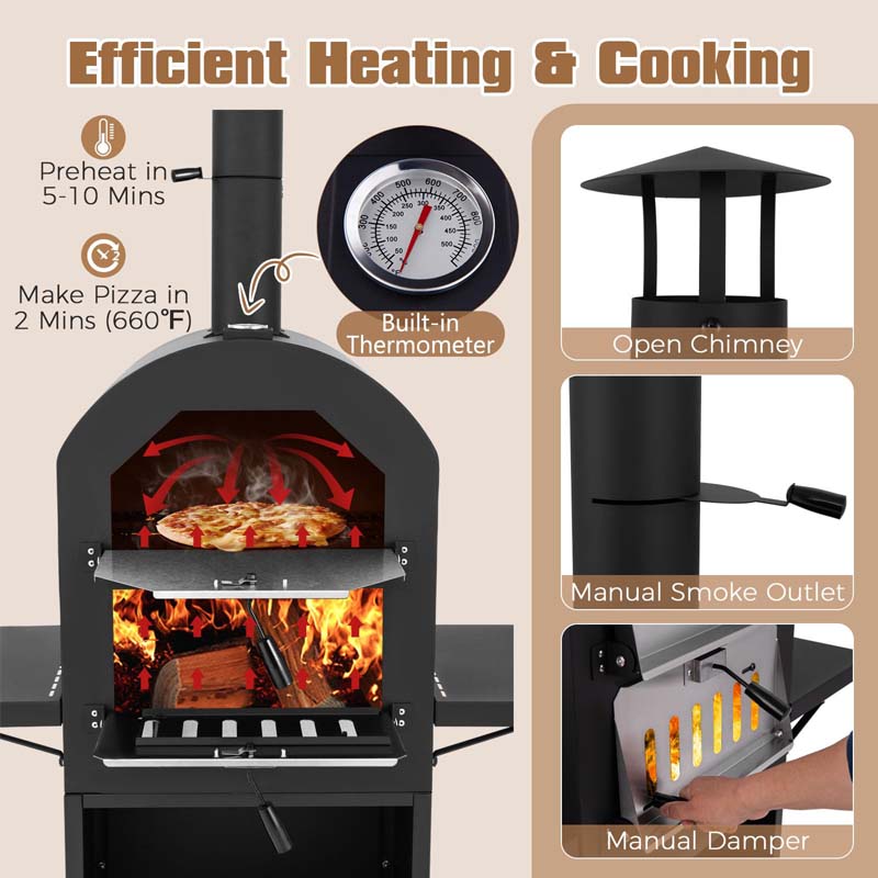 Portable Pizza Maker on Wheels for Outside Charcoal Grill, Outdoor Wood Fired Pizza Oven Stove w/2 Side Tables, 12" Pizza Stone