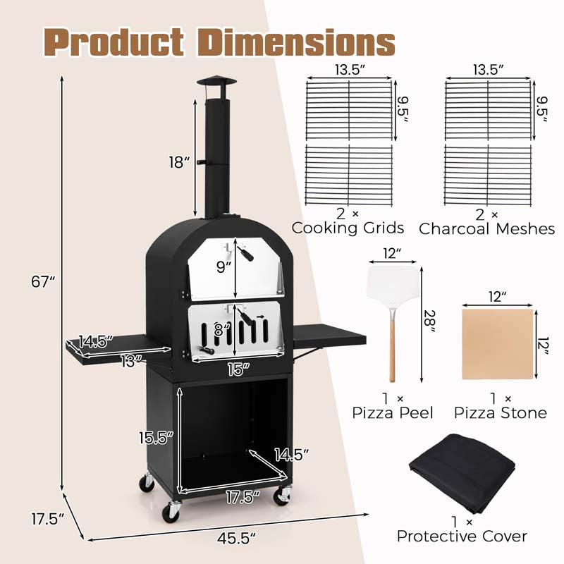 Portable Pizza Maker on Wheels for Outside Charcoal Grill, Outdoor Wood Fired Pizza Oven Stove w/2 Side Tables, 12" Pizza Stone
