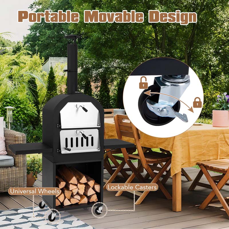 Portable Pizza Maker on Wheels for Outside Charcoal Grill, Outdoor Wood Fired Pizza Oven Stove w/2 Side Tables, 12" Pizza Stone