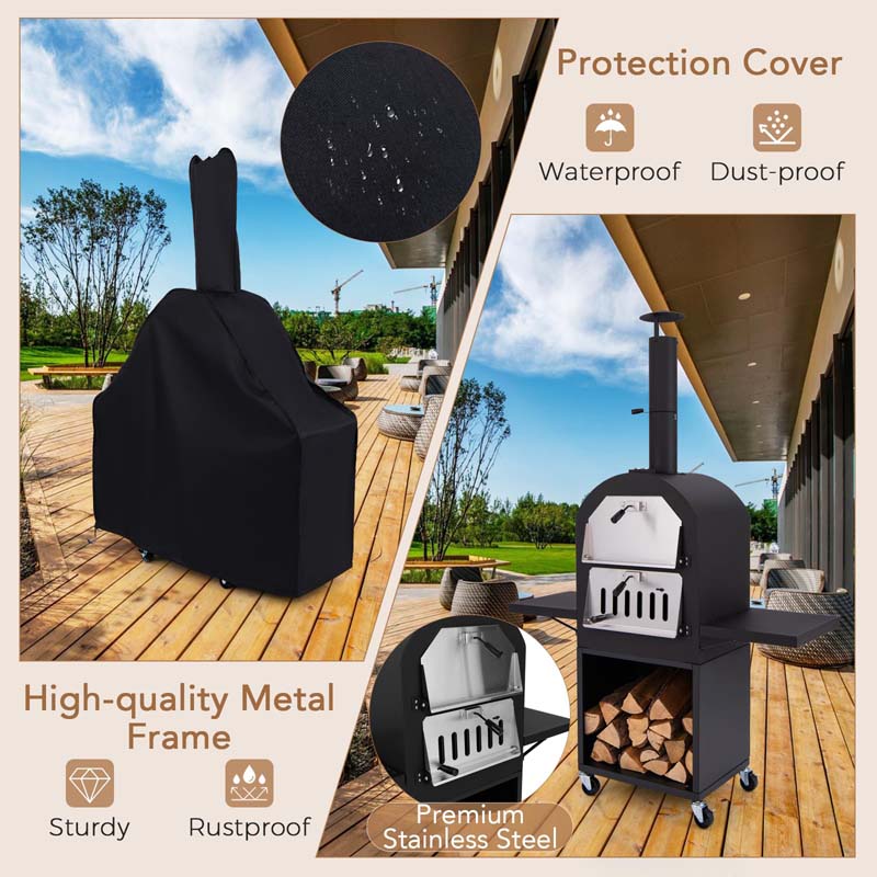 Portable Pizza Maker on Wheels for Outside Charcoal Grill, Outdoor Wood Fired Pizza Oven Stove w/2 Side Tables, 12" Pizza Stone