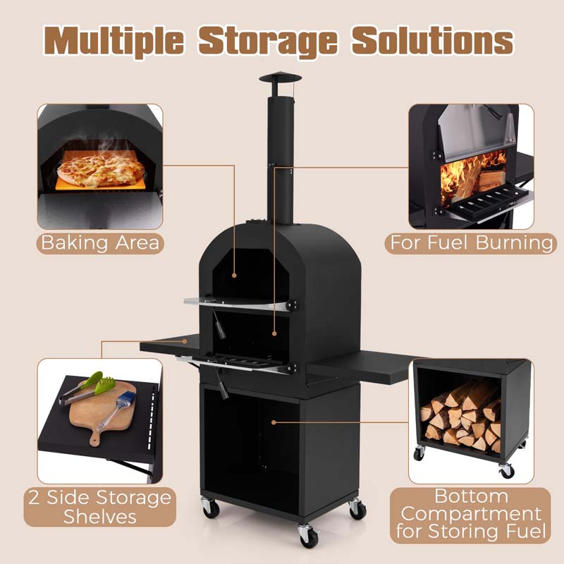 Portable Pizza Maker on Wheels for Outside Charcoal Grill, Outdoor Wood Fired Pizza Oven Stove w/2 Side Tables, 12" Pizza Stone