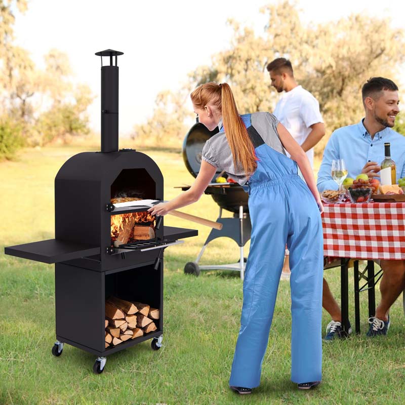 Portable Pizza Maker on Wheels for Outside Charcoal Grill, Outdoor Wood Fired Pizza Oven Stove w/2 Side Tables, 12" Pizza Stone