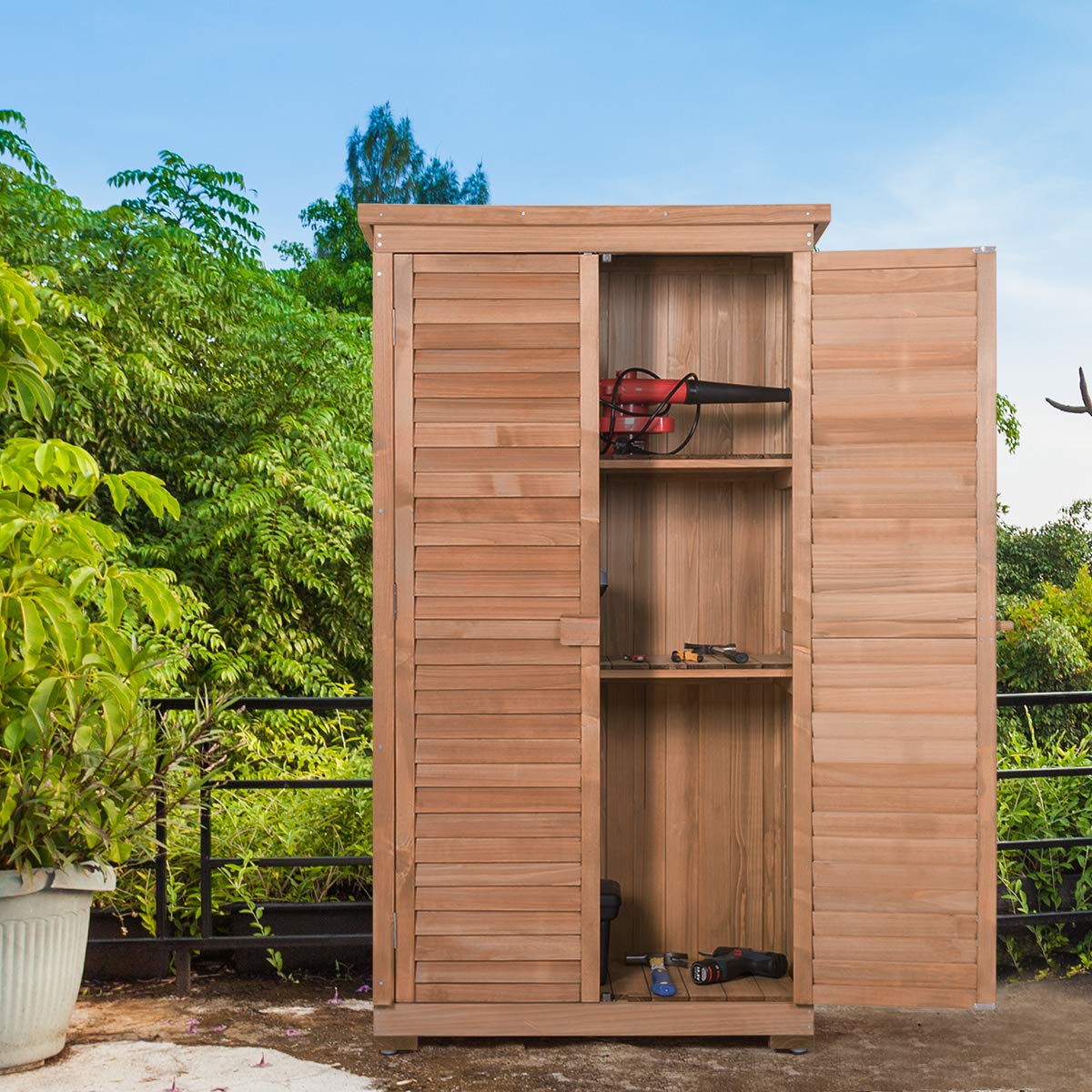 63" Wooden Outdoor Storage Cabinet Garden Shed Tool Organizer with Asphalt Roof & 3 Removable Shelves