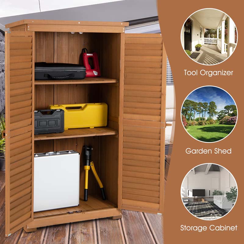 63" Wooden Outdoor Storage Cabinet Garden Shed Tool Organizer with Asphalt Roof & 3 Removable Shelves