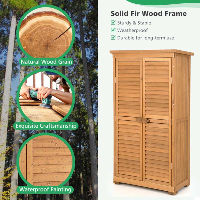 63" Wooden Outdoor Storage Cabinet Garden Shed Tool Organizer with Asphalt Roof & 3 Removable Shelves