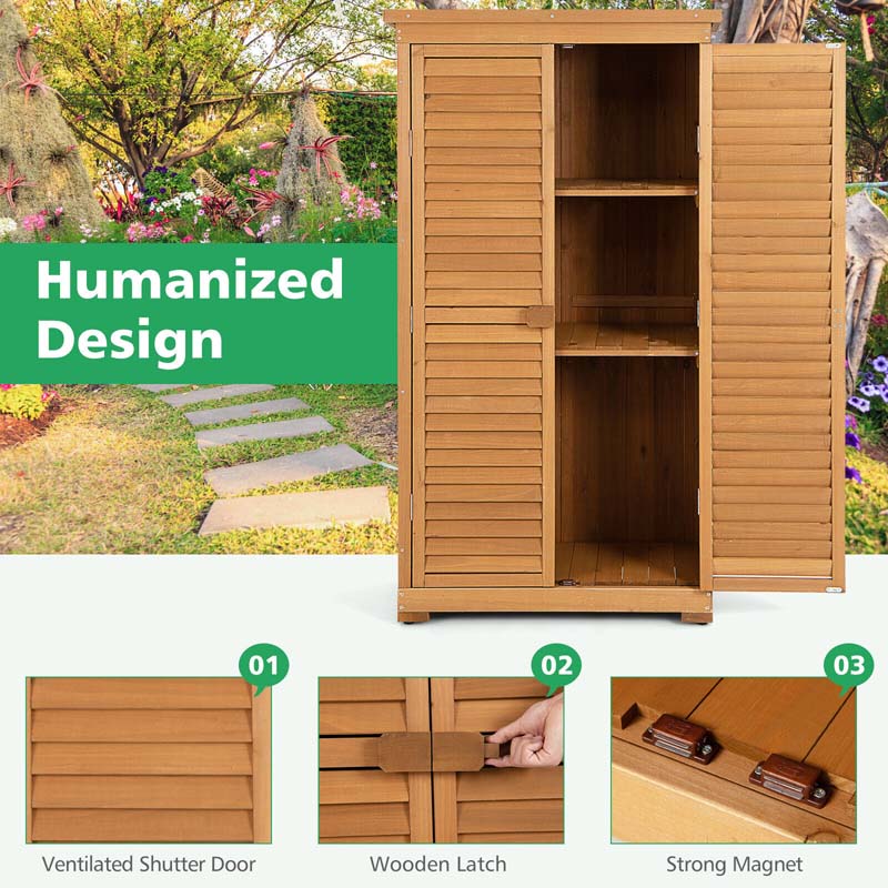 63" Wooden Outdoor Storage Cabinet Garden Shed Tool Organizer with Asphalt Roof & 3 Removable Shelves
