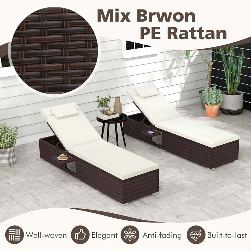 Set of 2 Rattan Patio Chaise Lounge Chair with 6-Level Backrest, Seat Cushion & Headrest, Outside Reclining Chair for Backyard