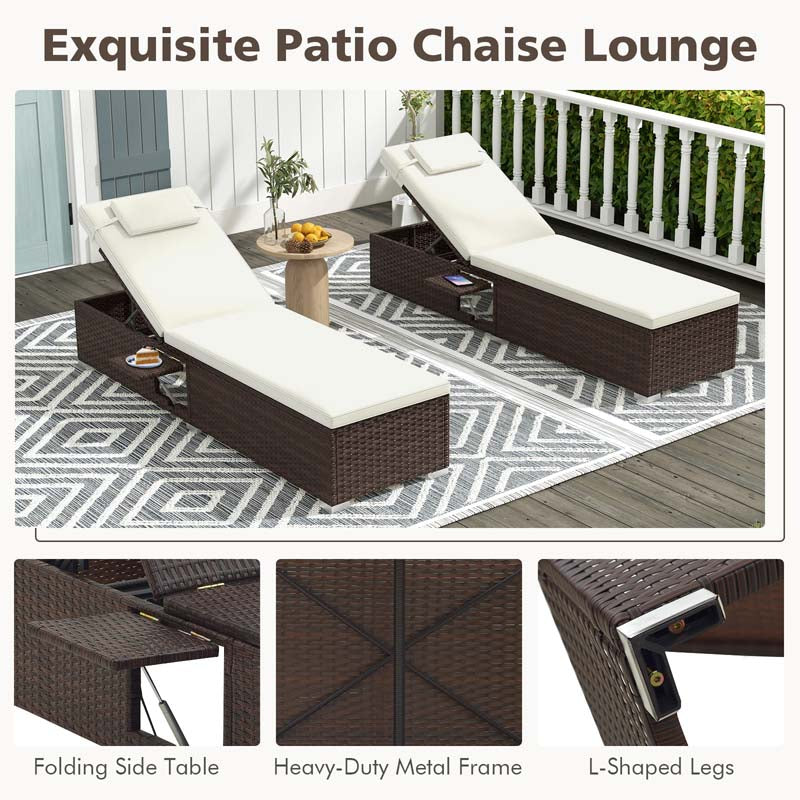 Set of 2 Rattan Patio Chaise Lounge Chair with 6-Level Backrest, Seat Cushion & Headrest, Outside Reclining Chair for Backyard