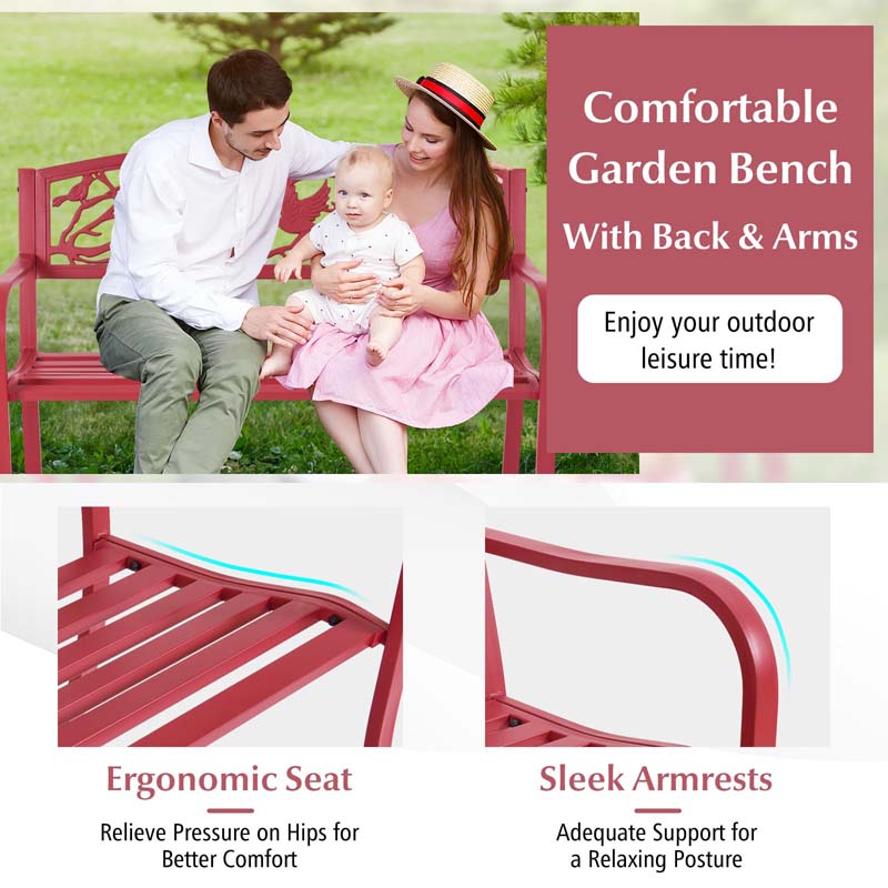 2-3 Person Heavy-Duty Metal Park Bench Outdoor Patio Chair Garden Bench with Bird & Twig Cast Iron Back Pattern