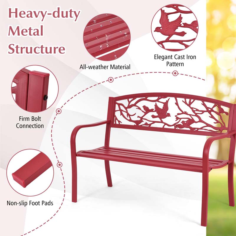 2-3 Person Heavy-Duty Metal Park Bench Outdoor Patio Chair Garden Bench with Bird & Twig Cast Iron Back Pattern